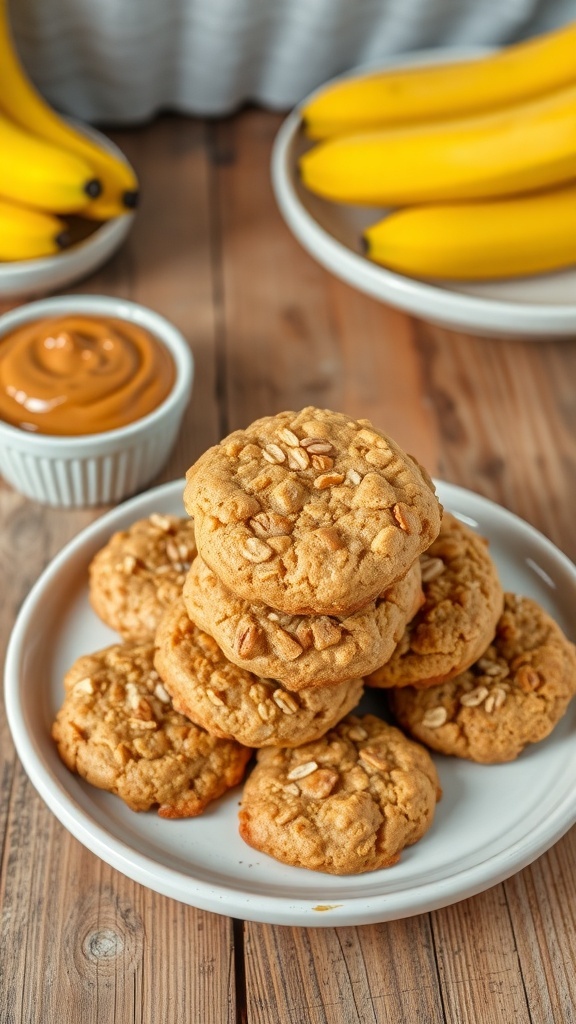 A plate of golden brown banana oat cookies stacked, with bananas and peanut butter in the background.